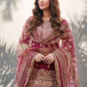 Maroon embroidered Pakistani salwar suit with heavy dupatta wedding festive wear for women