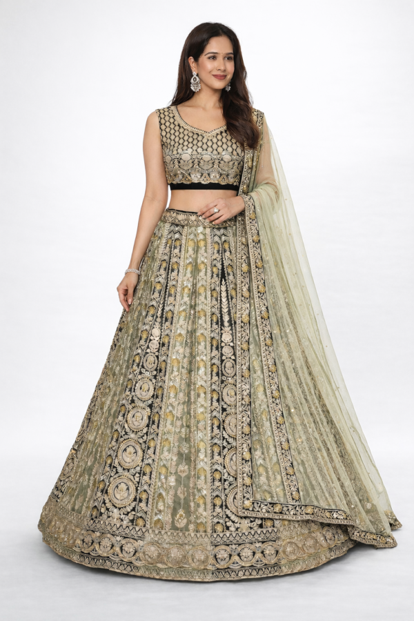 Marriage Special Pista With Black Mirror Hand Work Lehenga Choli