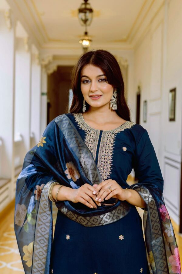 Navy blue Chanderi Silk kurti and pant set