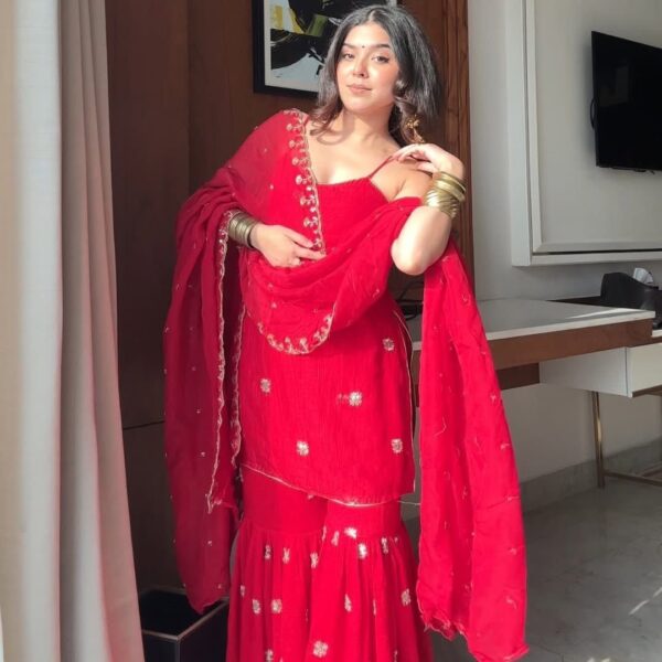 Red Embroidered Sharara Suit with Dupatta Wedding Wear