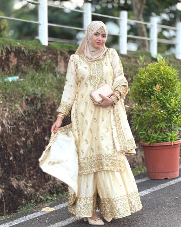 Gold Embroidered Sharara Suit with Dupatta Wedding Wear