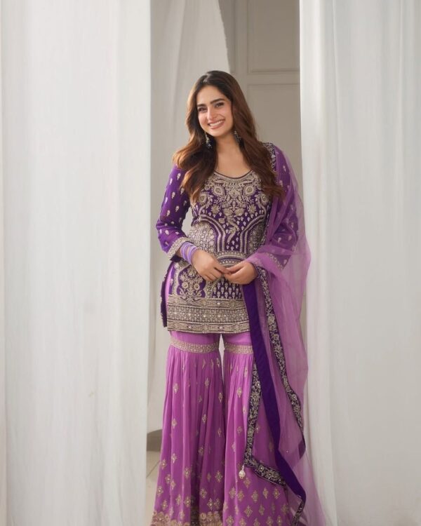 Purple Embroidered Sharara Suit with Dupatta Festive Wear