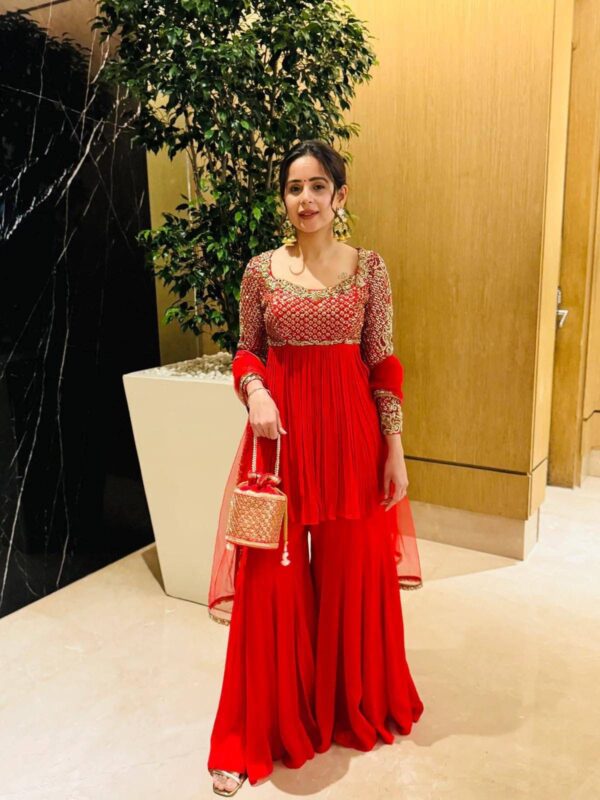 Red Embroidered Anarkali Suit with Palazzo Party Wear