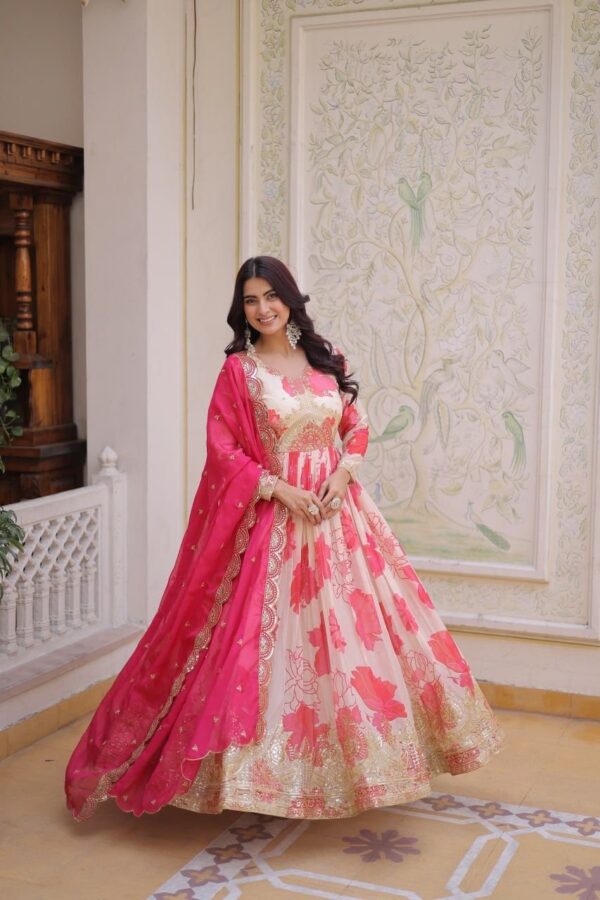 Cream Pink Floral Anarkali Suit with Dupatta Festive Wear