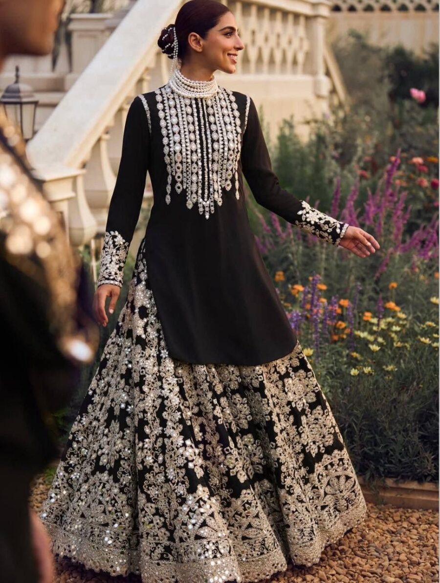 Black lehenga set with heavy silver embroidery and high neck kurti for women wedding and festive wear for women festive wear