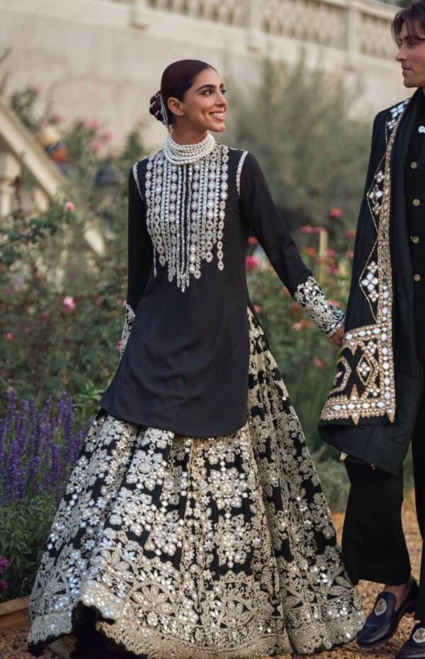 Black lehenga set with heavy silver embroidery and high neck kurti for women wedding and festive wear for women festive wear