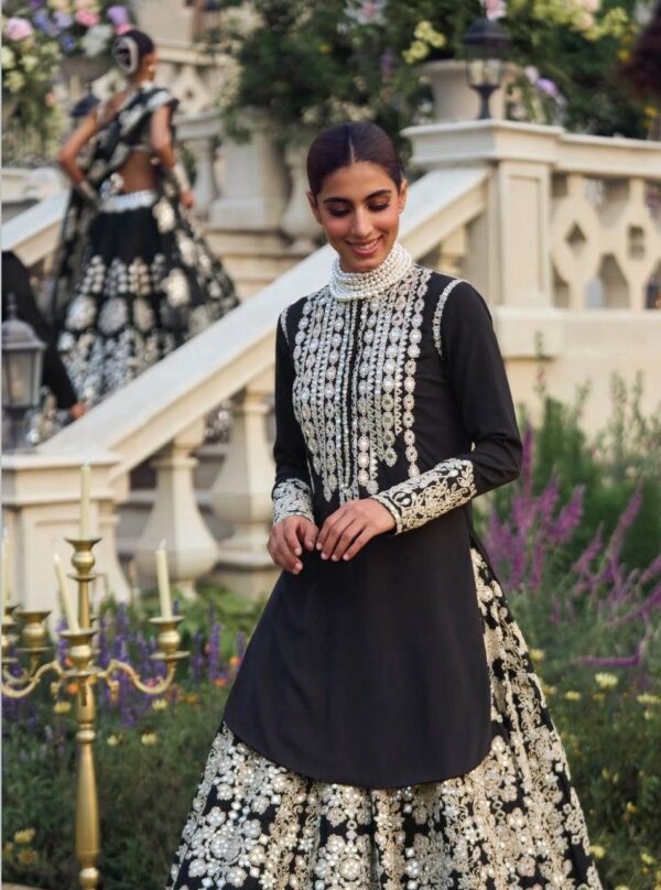 Black lehenga set with heavy silver embroidery and high neck kurti for women wedding and festive wear for women festive wear