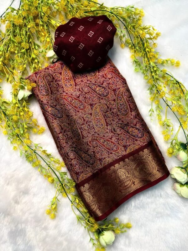 Multicolor Ajrakh saree set with soft fabric and detailed woven pallu and border for women festive wear