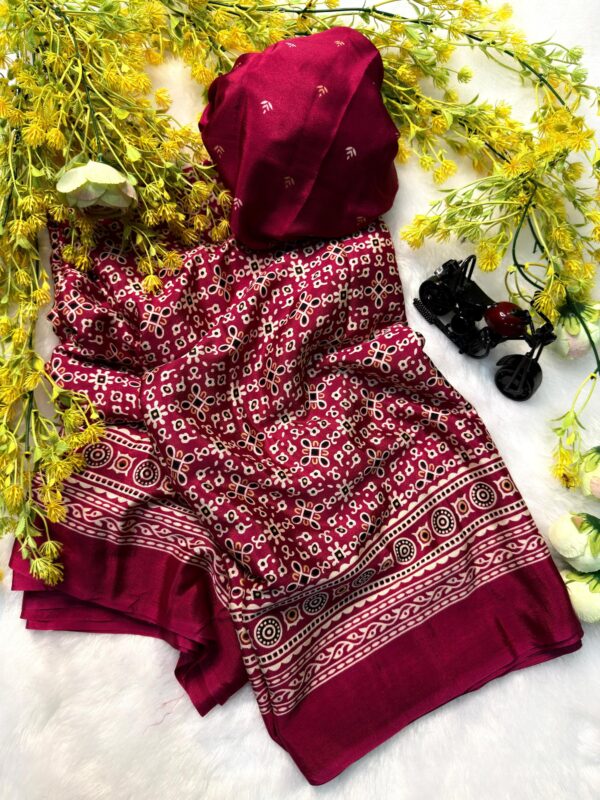 Maroon Ajrakh Gajji Crepe Silk Saree with traditional print and ethnic border with blouse piece for women festive wear