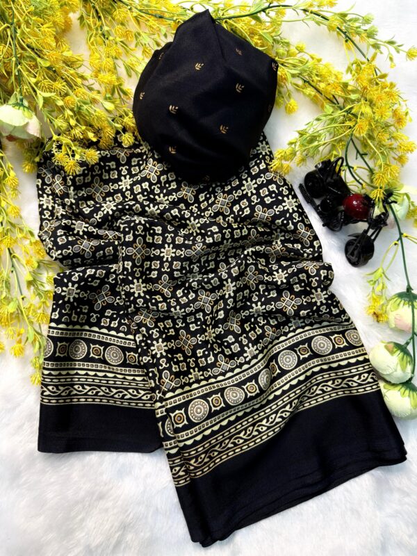 Maroon Ajrakh Gajji Crepe Silk Saree with traditional print and ethnic border with blouse piece for women festive wear