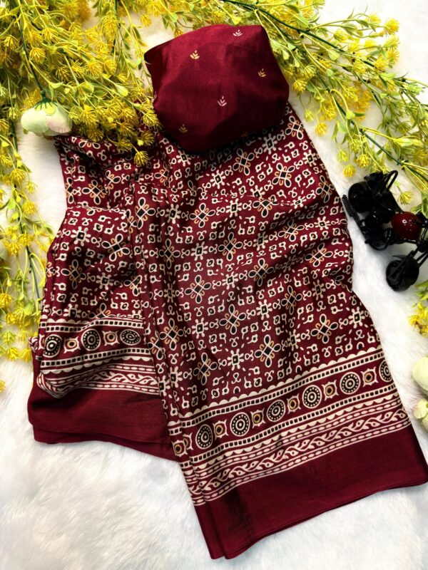 Maroon Ajrakh Gajji Crepe Silk Saree with traditional print and ethnic border with blouse piece for women festive wear