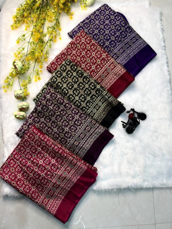 Maroon Ajrakh Gajji Crepe Silk Saree with traditional print and ethnic border with blouse piece for women festive wear