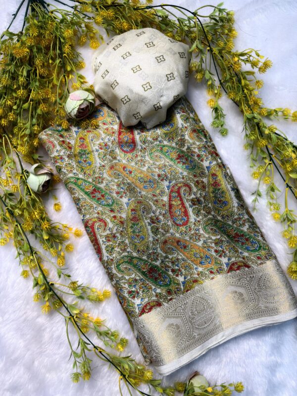 Multicolor Ajrakh saree set with soft fabric and detailed woven pallu and border for women festive wear