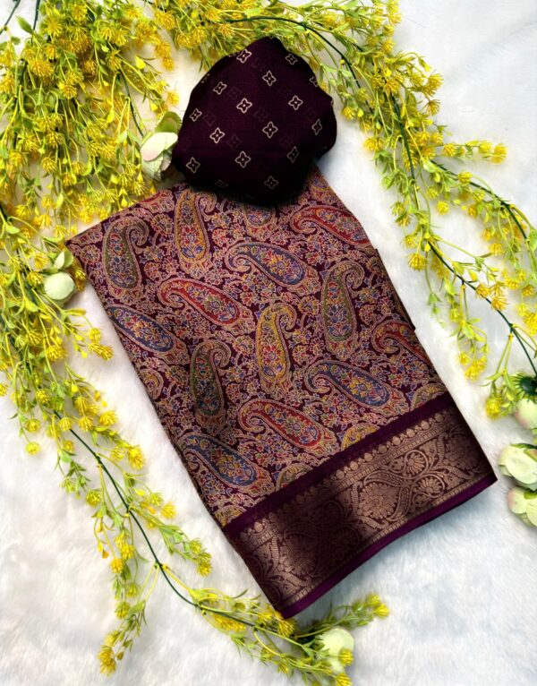 Multicolor Ajrakh saree set with soft fabric and detailed woven pallu and border for women festive wear