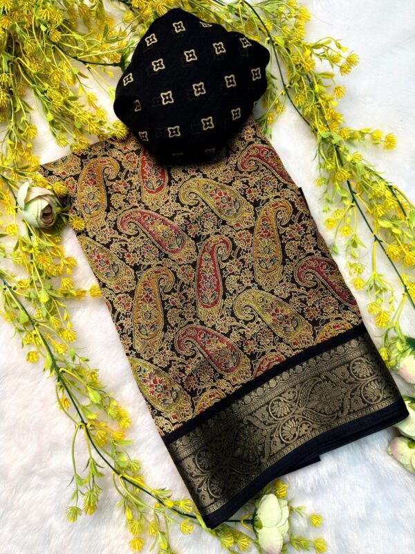 Multicolor Ajrakh saree set with soft fabric and detailed woven pallu and border for women festive wear