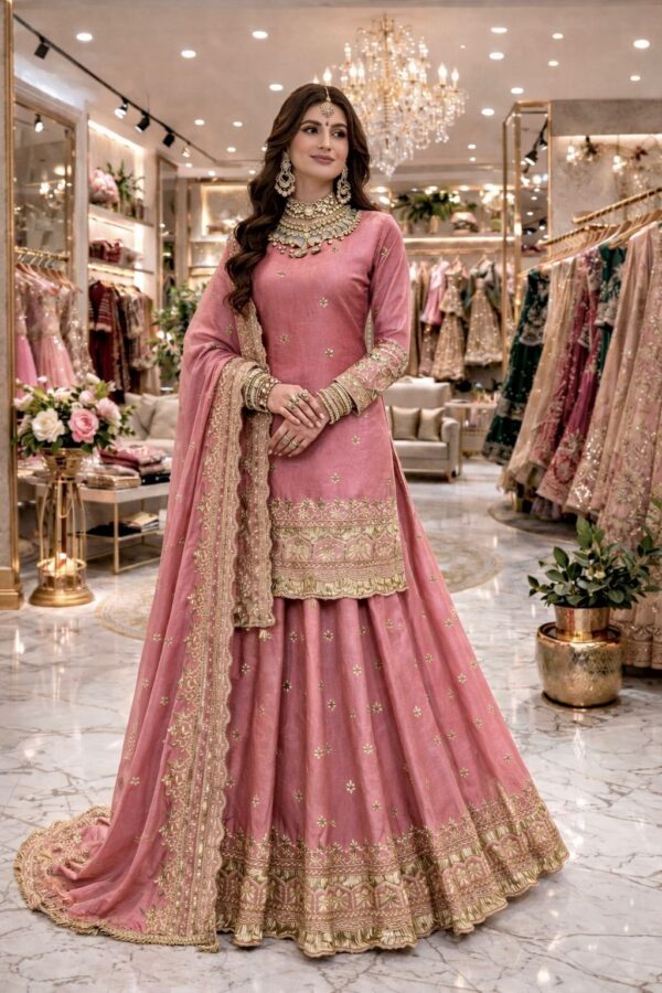 Maroon and pink bridal lehenga with heavy golden embroidery and dupatta for women wedding wear