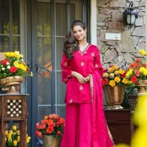 Red embroidered sharara suit with dupatta festive wedding ethnic wear for women