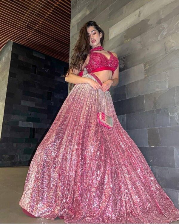 Pink sequin lehenga choli with halter blouse for women party wear wedding outfit
