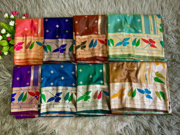 Multicoloured soft silk saree with golden zari border and floral woven design for women festive wear