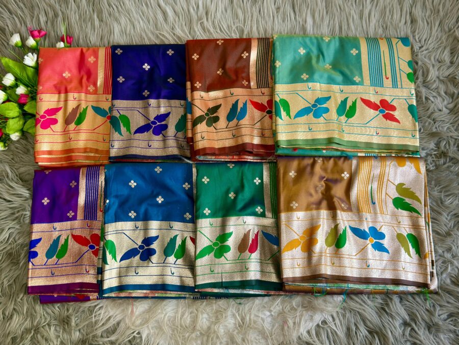 Multicoloured soft silk saree with golden zari border and floral woven design for women festive wear