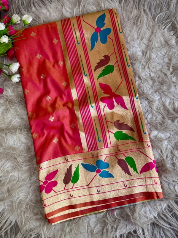 Multicoloured soft silk saree with golden zari border and floral woven design for women festive wear