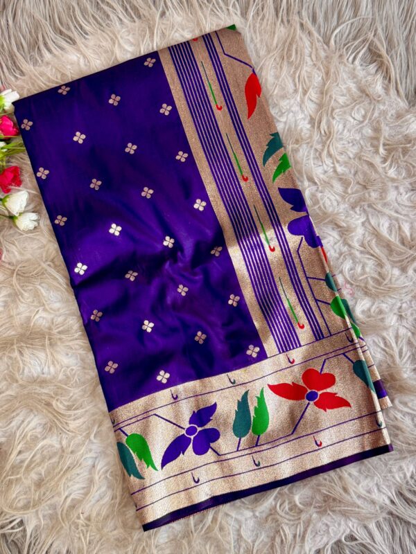 Multicoloured soft silk saree with golden zari border and floral woven design for women festive wear