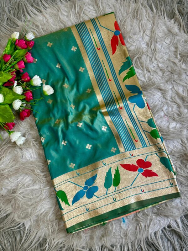 Multicoloured soft silk saree with golden zari border and floral woven design for women festive wear