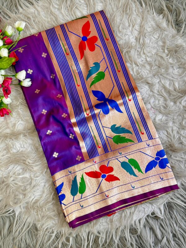 Multicoloured soft silk saree with golden zari border and floral woven design for women festive wear