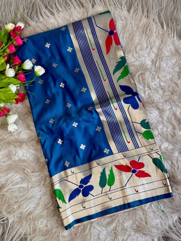 Multicoloured soft silk saree with golden zari border and floral woven design for women festive wear