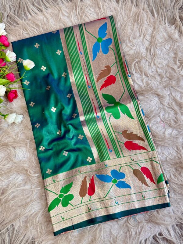 Multicoloured soft silk saree with golden zari border and floral woven design for women festive wear
