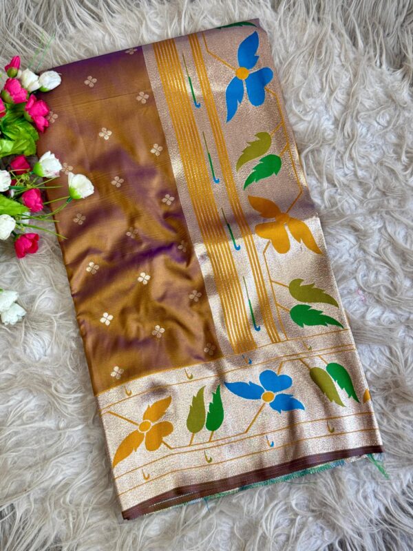 Multicoloured soft silk saree with golden zari border and floral woven design for women festive wear