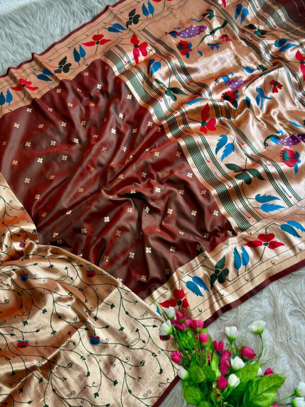 Multicoloured soft silk saree with golden zari border and floral woven design for women festive wear