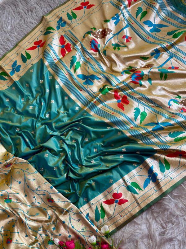 Multicoloured soft silk saree with golden zari border and floral woven design for women festive wear