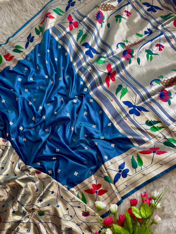 Multicoloured soft silk saree with golden zari border and floral woven design for women festive wear