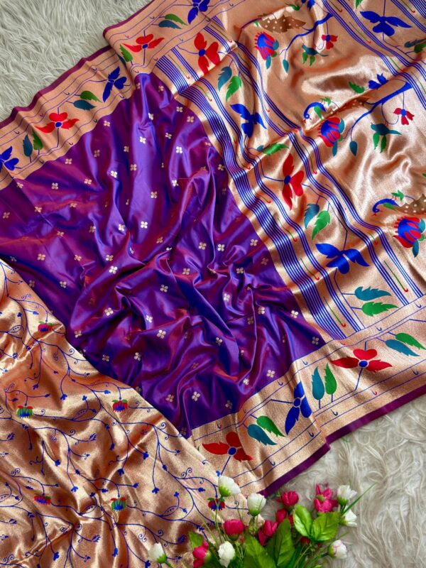 Multicoloured soft silk saree with golden zari border and floral woven design for women festive wear