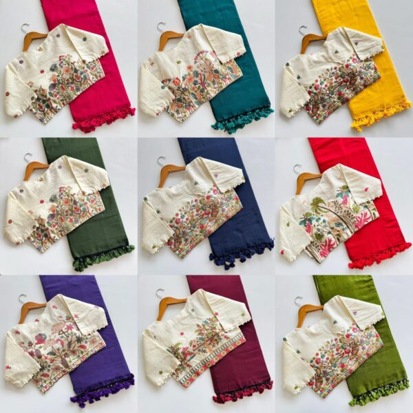 khadi cotton saree paired with a white embroidered readymade blouse. for women festive wear