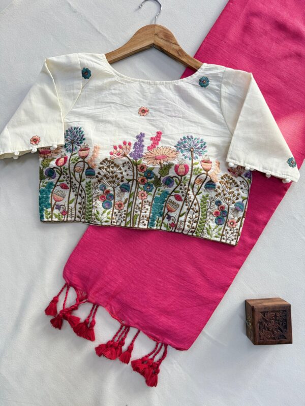 khadi cotton saree paired with a white embroidered readymade blouse. for women festive wear