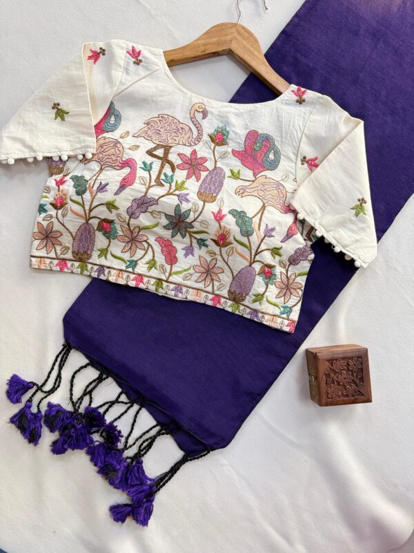 khadi cotton saree paired with a white embroidered readymade blouse. for women festive wear