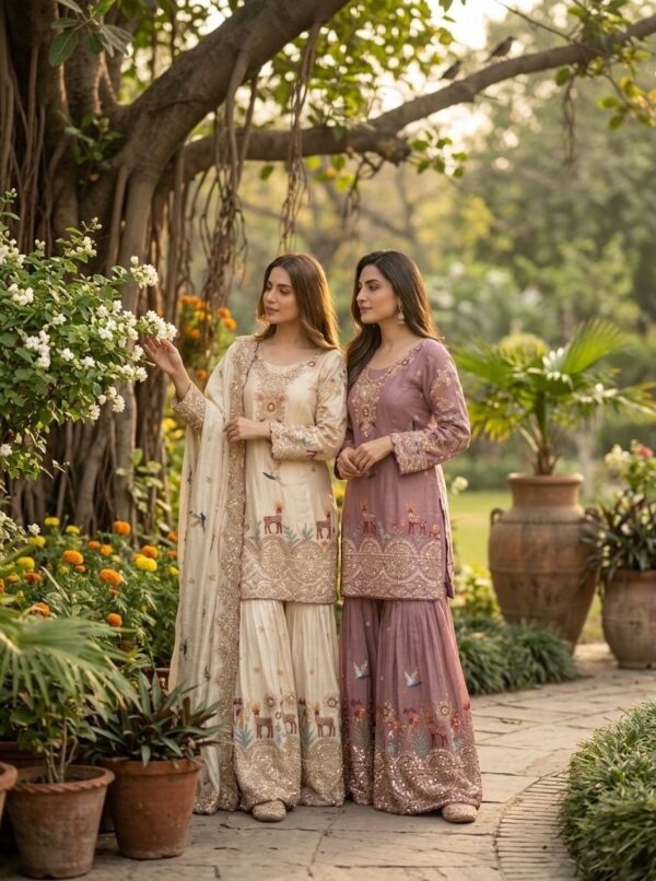 Embroidered sharara suit in cream and mauve with dupatta for women festive and wedding wear for women festive wear