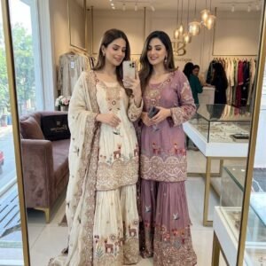 Embroidered sharara suit in cream and mauve with dupatta for women festive and wedding wear for women festive wear