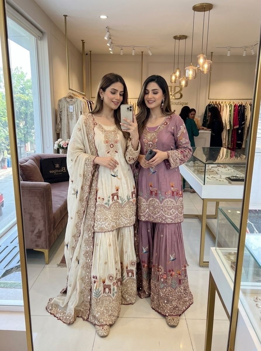 Embroidered sharara suit in cream and mauve with dupatta for women festive and wedding wear for women festive wear