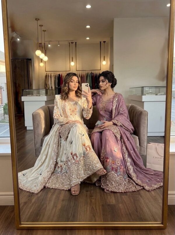 Embroidered sharara suit in cream and mauve with dupatta for women festive and wedding wear for women festive wear