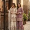 Embroidered sharara suit in cream and mauve with dupatta for women festive and wedding wear for women festive wear