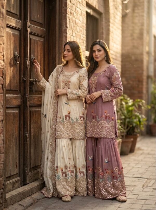Embroidered sharara suit in cream and mauve with dupatta for women festive and wedding wear for women festive wear