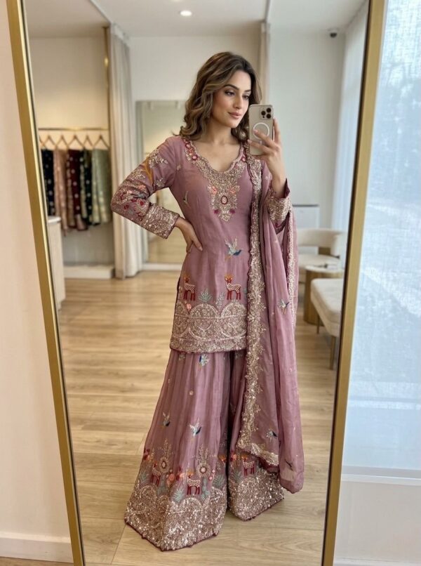 Embroidered sharara suit in cream and mauve with dupatta for women festive and wedding wear for women festive wear