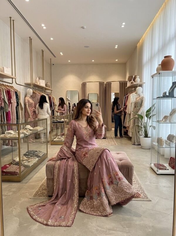 Embroidered sharara suit in cream and mauve with dupatta for women festive and wedding wear for women festive wear