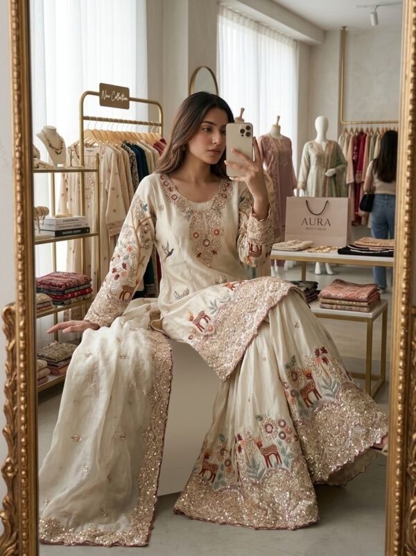 Embroidered sharara suit in cream and mauve with dupatta for women festive and wedding wear for women festive wear