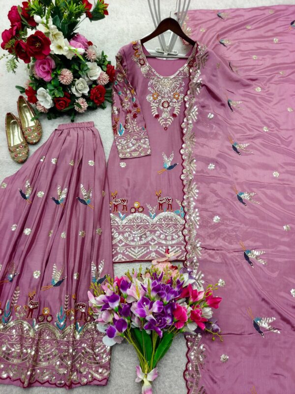 Embroidered sharara suit in cream and mauve with dupatta for women festive and wedding wear for women festive wear