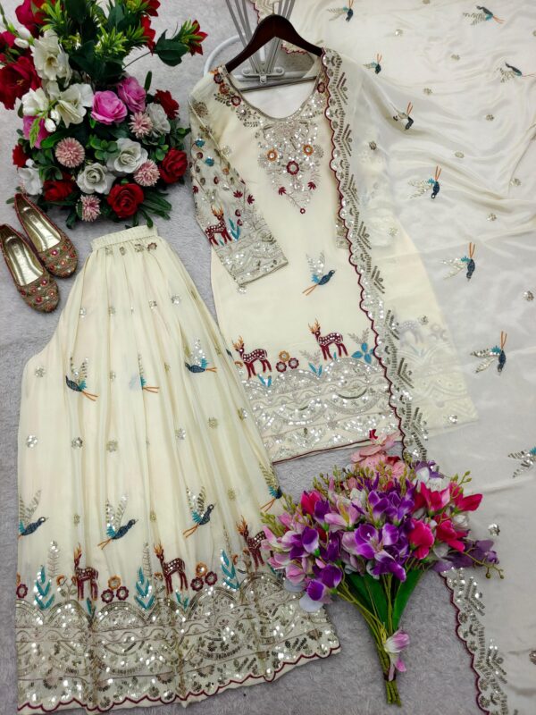 Embroidered sharara suit in cream and mauve with dupatta for women festive and wedding wear for women festive wear