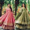 Olive green and pink Anarkali gown with zari embroidery and dupatta for women festive wear for women festive wear